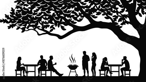 Friends gathering silhouette enjoying outdoor barbecue party under tree with people talking relaxing social lifestyle concept