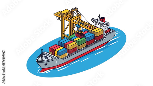Flat illustration of a cargo ship transporting colorful containers on blue water with a crane