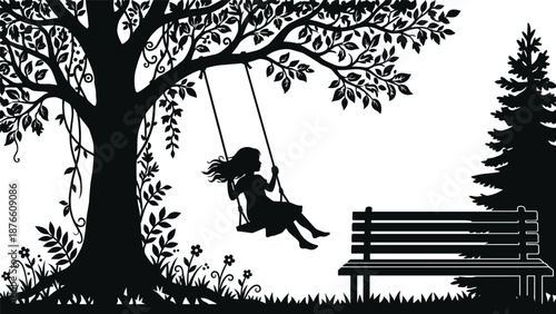 Girl silhouette swinging on tree swing beside empty park bench, peaceful childhood memory scene black vector illustration
