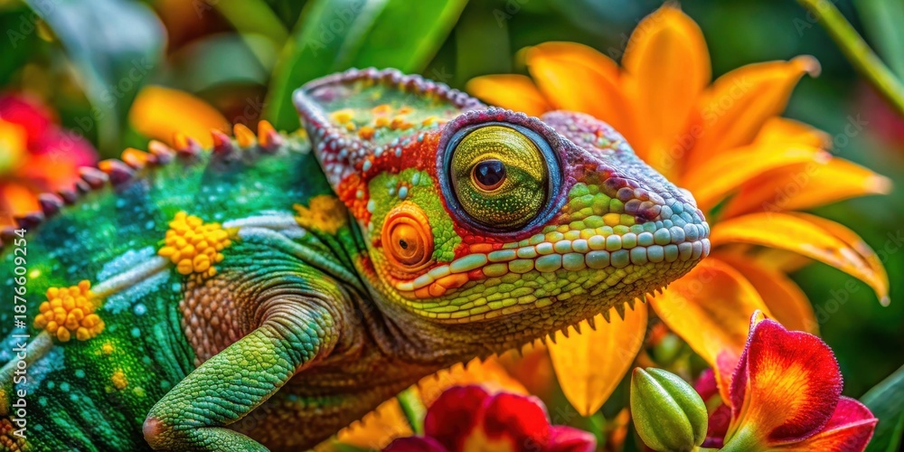 Obraz premium Vibrant Chameleon Among a Tapestry of Vivid Blossoms, a Close-Up Portrait of Nature's Masterpiece