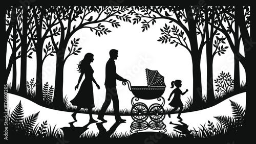 Happy family silhouette walking in forest park with baby stroller and child nature parenting lifestyle concept illustration