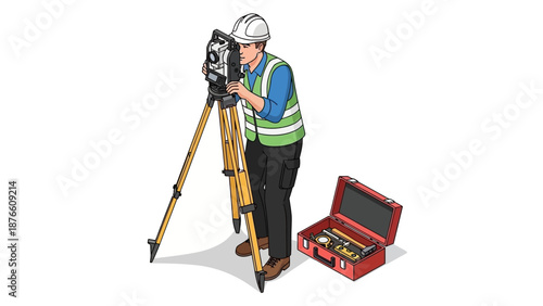 Illustration of a construction worker operating a surveyor's instrument with a tripod and equipment case on a white background.