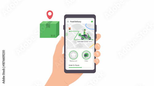 A hand holding a smartphone with a map and green parcel icon on the screen against a clean white background.