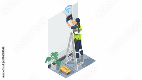 Isometric illustration of a worker in a high-visibility vest mounting a WiFi router on a wall with a ladder and tools nearby in a modern office setting.