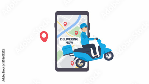 Illustration of a delivery person riding a scooter on a smartphone screen with a map and location pins.