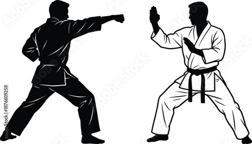 Karate fighters sparring illustration showing attack and defense stances, traditional martial arts combat scene isolated black vector design
