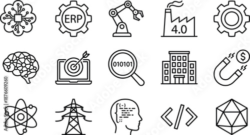 Industrial technology line icons set representing Industry 4.0 automation, artificial intelligence, data analytics, smart manufacturing, engineering, energy, and digital transformation concepts