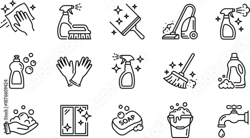Cleaning service line icons set featuring household hygiene tools, disinfectant supplies, hand washing, laundry, window cleaning, sanitation concepts