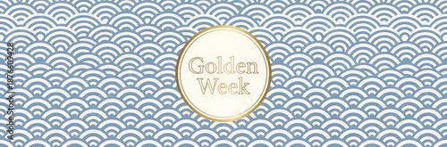 Japanese Seigaiha Wave Pattern Background with Golden Week Title, Elegant Blue and White Traditional Oriental Header for Holiday Sale, Asian Cultural Celebration Banner with Copy Space Text