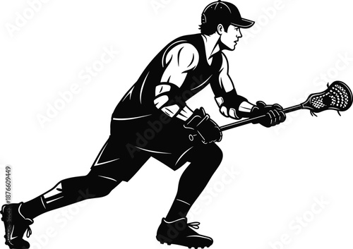 Lacrosse player silhouette running with stick sports action athlete isolated black vector illustration