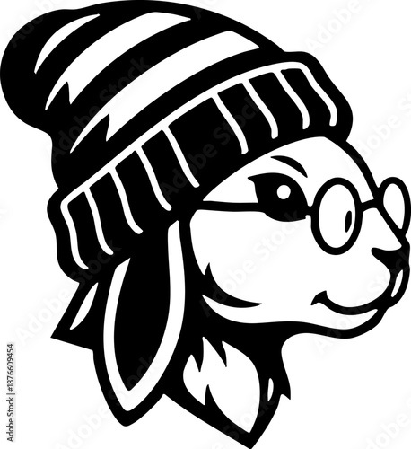 Hipster rabbit head wearing beanie and glasses vector illustration.