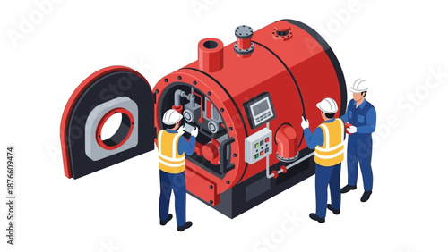 Isometric illustration of three industrial workers inspecting a large red machine with an open panel