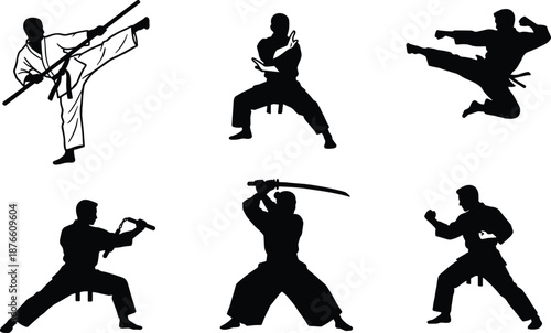 Martial arts fighter silhouettes set showing karate kung fu and sword combat action poses isolated black vector illustration