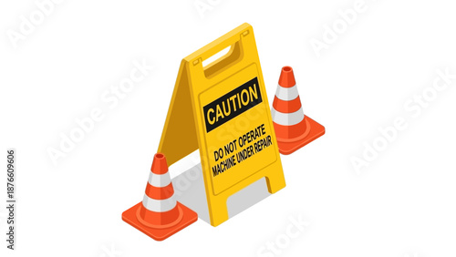 Illustration of a yellow caution sign with two orange traffic cones on a white background