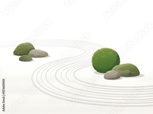 Minimalist digital illustration of Zen rock garden featuring raked white sand wavy patterns, mossy stones, and green shrub for meditation, peace, balance, and spiritual harmony wellness design