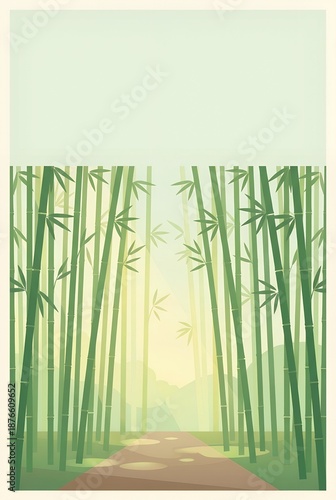 Minimalist flat design illustration of a bamboo forest grove with a walking path leading through green stalks under a soft morning sun, ideal for Zen meditation nature and Asian travel style