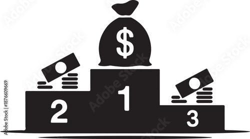 Black and white podium with money bags and coins