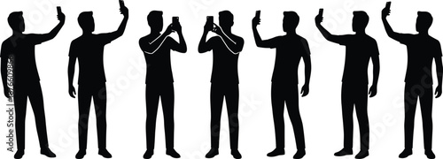 Men taking selfies silhouettes, smartphone photography social media lifestyle black vector illustration isolated white background concept modern trend