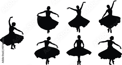 Stylized ballerina silhouette set, graceful dance poses, flowing skirt motion, black figure graphic, vector ballet illustration