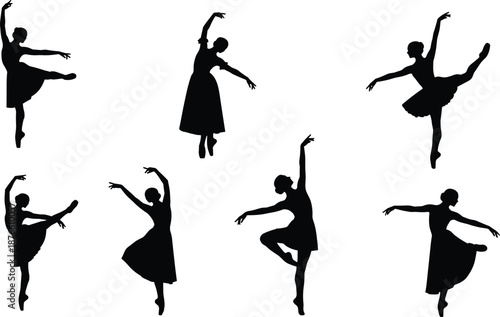 Stylized ballerina silhouette set, graceful ballet poses, black figure motion, tutu and dress design, vector dance illustration