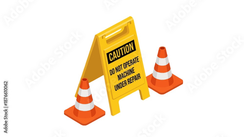 Yellow caution sign with two orange traffic cones on a white background