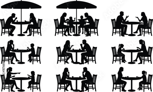 People dining silhouettes set showing family couple and friends sitting at cafe tables with umbrella black vector illustration
