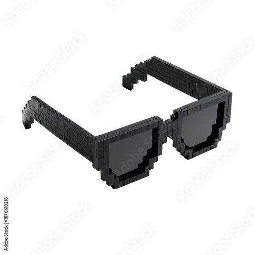 Black pixelated sunglasses, rendered in a 3D style, floating on a solid black background