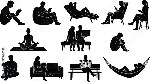 People silhouette set relaxing reading working meditating chatting lying sitting modern lifestyle daily activities illustration