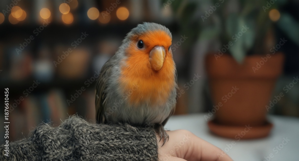 Obraz premium close-up of a colorful peach-faced lovebird perched on a cozy knit sleeve with a potted plant in the blurred background.