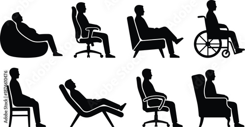 People sitting silhouette collection on chair sofa recliner and wheelchair, relaxed waiting lifestyle poses, furniture concept, black vector illustration isolated