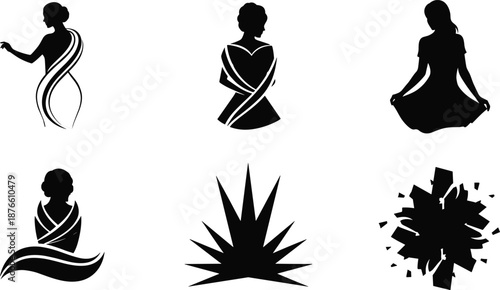 Stylized black silhouette icons of women, ribbon shapes, abstract burst, explosion, purity, meditation, elegance, symbolic design elements