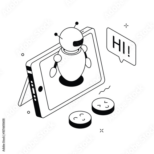 An isometric illustration featuring virtual assistant and ai communication