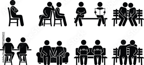 People sitting silhouettes set on chairs benches and sofa, social interaction waiting reading poses, public space concept, black vector illustration isolated