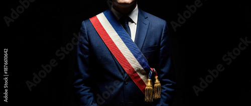 Torso of French elected official wearing tricolor sash with gold tassels over blue suit. Symbol of the Republic, Mayor or Deputy authority against black background.