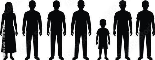 People standing silhouette set showing men women and child front view body proportions family reference illustration