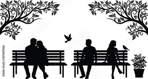 Romantic and lonely couple silhouette sitting on park bench under trees with birds love separation concept