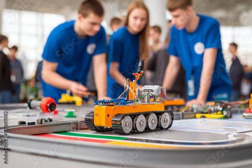High school students in blue t-shirts working on a custom built robot during a robotics competition, representing stem education, teamwork, and future technology innovation