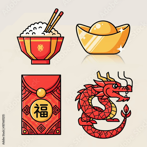 A collection of traditional Chinese New Year symbols including a bowl of rice, golden ingot, red envelope, and a dragon.