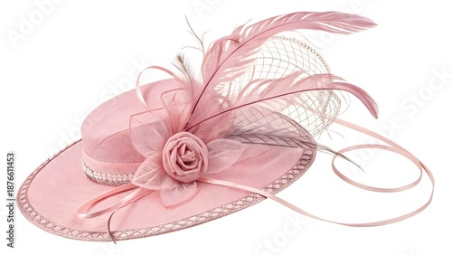 Pink ladies fascinator hat with feathers and flowers