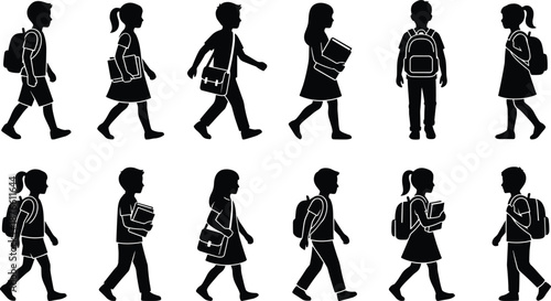 School children silhouettes walking with backpacks and books, boys and girls student poses, education lifestyle concept, black vector illustration isolated