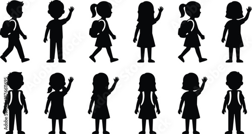 School kids waving silhouettes set, children with backpacks greeting and walking poses, friendly education concept, black vector illustration isolated