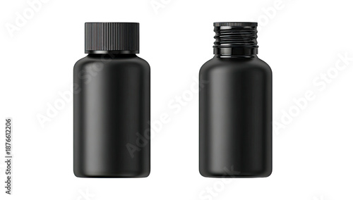 Two dark matte bottles, one with a textured cap and the other open, isolated against black
