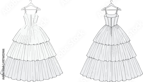 Women layered ball gown dress fashion technical flat front and back view elegant evening wear apparel illustration vector