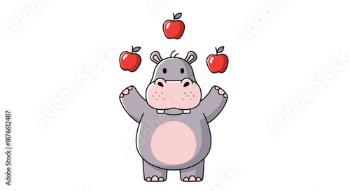 Cartoon Hippo Juggling Red Apples in Air.
