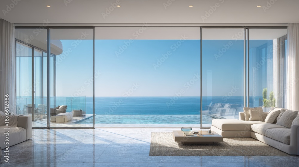 Fototapeta premium Luxurious minimalist living room featuring a white sectional sofa and marble floors with floor to ceiling glass windows opening to a private infinity pool overlooking the calm blue ocean at daytime