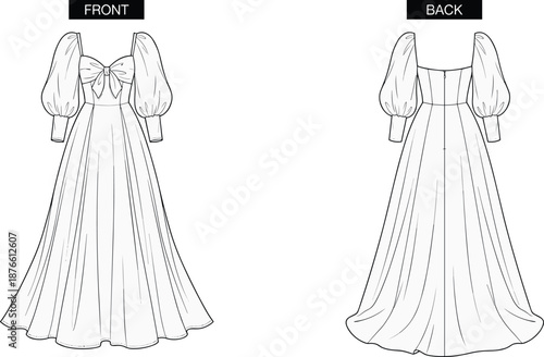 Women puff sleeve maxi dress fashion technical flat front and back view elegant long gown apparel illustration vector