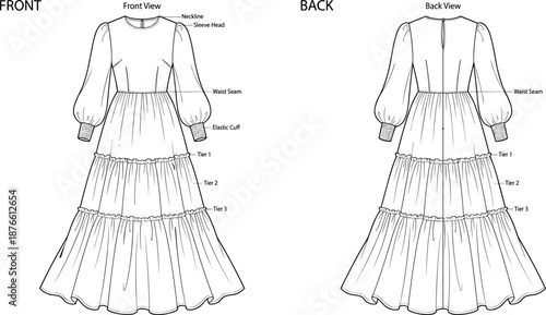 Women long sleeve tiered maxi dress fashion technical flat front and back view elegant ruffle skirt apparel illustration vector