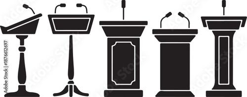 Five black and white podiums with microphones speaker