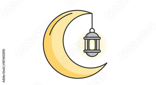 Crescent Moon with Hanging Lantern Illustration.
