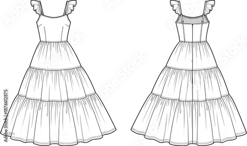 Women ruffle strap tiered dress fashion technical flat front and back view elegant sleeveless apparel illustration vector